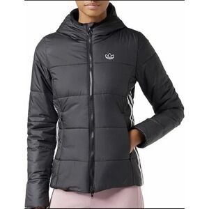 Adidas Originals GD2507 Slim Trefoil Puffer Hooded 3 Stripe Jacket Size XS Black